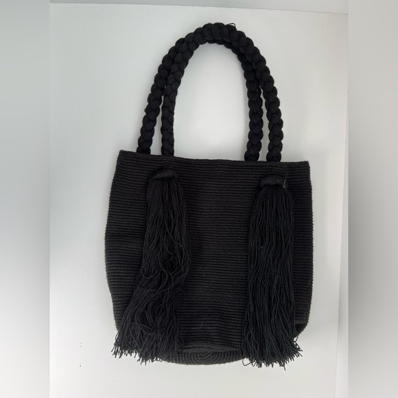 - All Black Hand-Knit Top Handle Bag - Large Wayuu Boho Shoulder Bag - Tre… - Picture 6 of 9